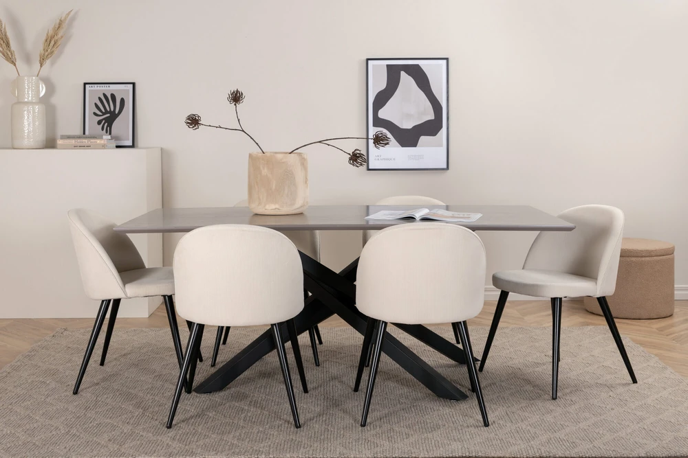 Venture Design Valgomojo stalas, Piazza, 76x180x90 cm, Pilka/Juoda, Valgomasis kėdė, Veltinas, 57x76.5x50 cm, Bėžinis/Juodas