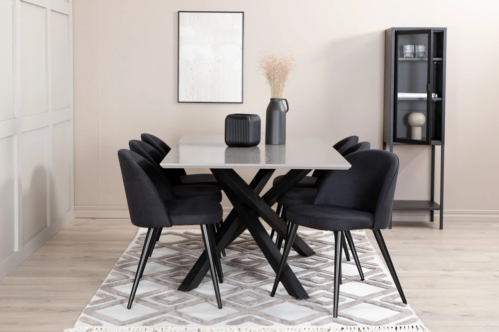 Venture Design Valgomojo stalas, Piazza, 190x90 cm, Juodas Pilkas Furnyras, Valgomasis kėdė, Velvetas, 76.5x50x57 cm, Juoda