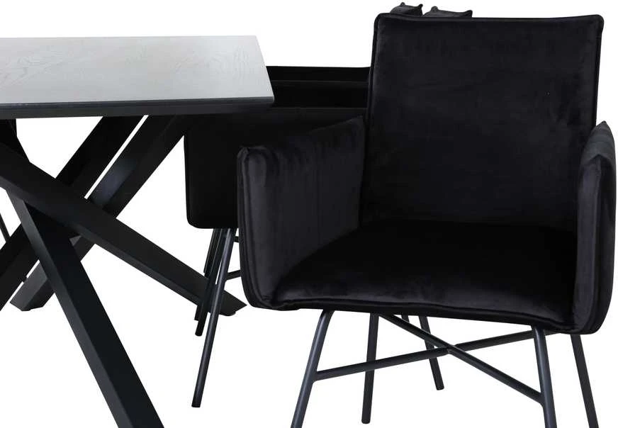 Venture Design Valgomojo stalas, Piazza, 76x180x90 cm, Juodas, Valgomasis kėdė, Petra, 60x87x57 cm, Juoda