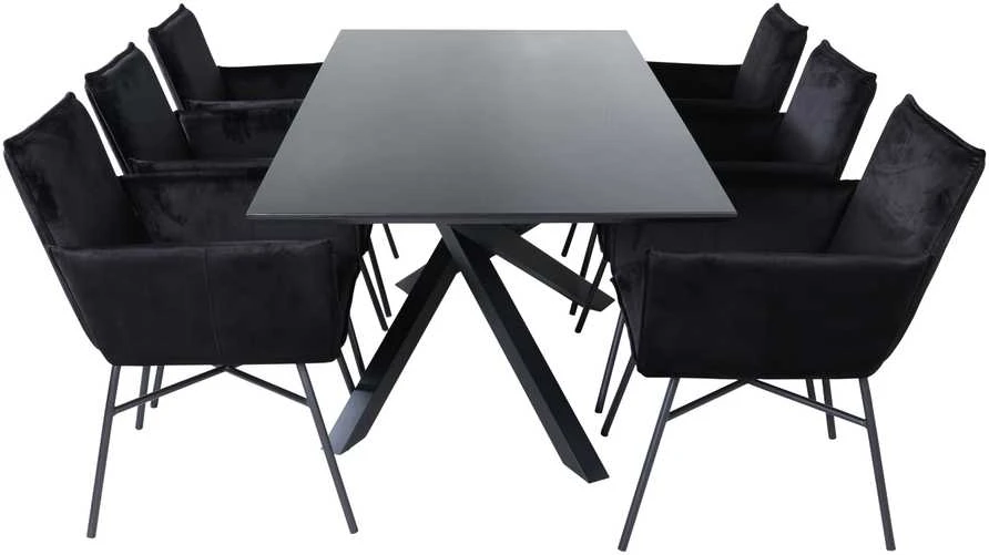 Venture Design Valgomojo stalas, Piazza, 76x180x90 cm, Juodas, Valgomasis kėdė, Petra, 60x87x57 cm, Juoda