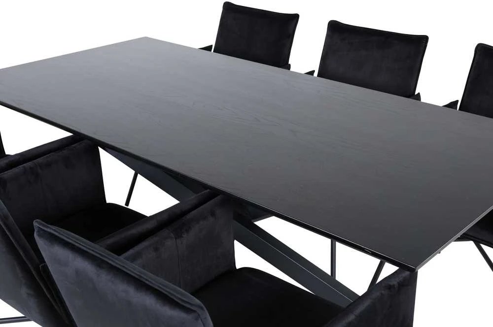 Venture Design Valgomojo stalas, Piazza, 76x180x90 cm, Juodas, Valgomasis kėdė, Petra, 60x87x57 cm, Juoda