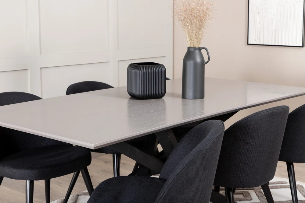 Venture Design Valgomojo stalas, Piazza, 190x90 cm, Juodas Pilkas Furnyras, Valgomasis kėdė, Velvetas, 76.5x50x57 cm, Juoda