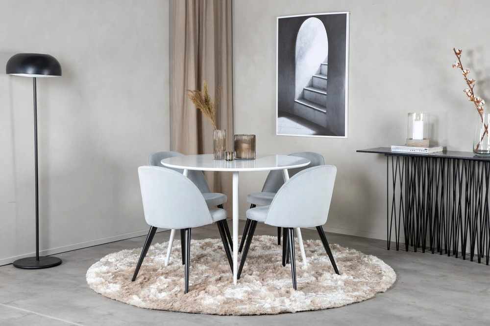 Venture Design Valgomojo stalas, Plaza, 100 cm, Balta+Valgomojo kėdė, Velvetas, 57x76.5x50 cm, Šviesiai pilka