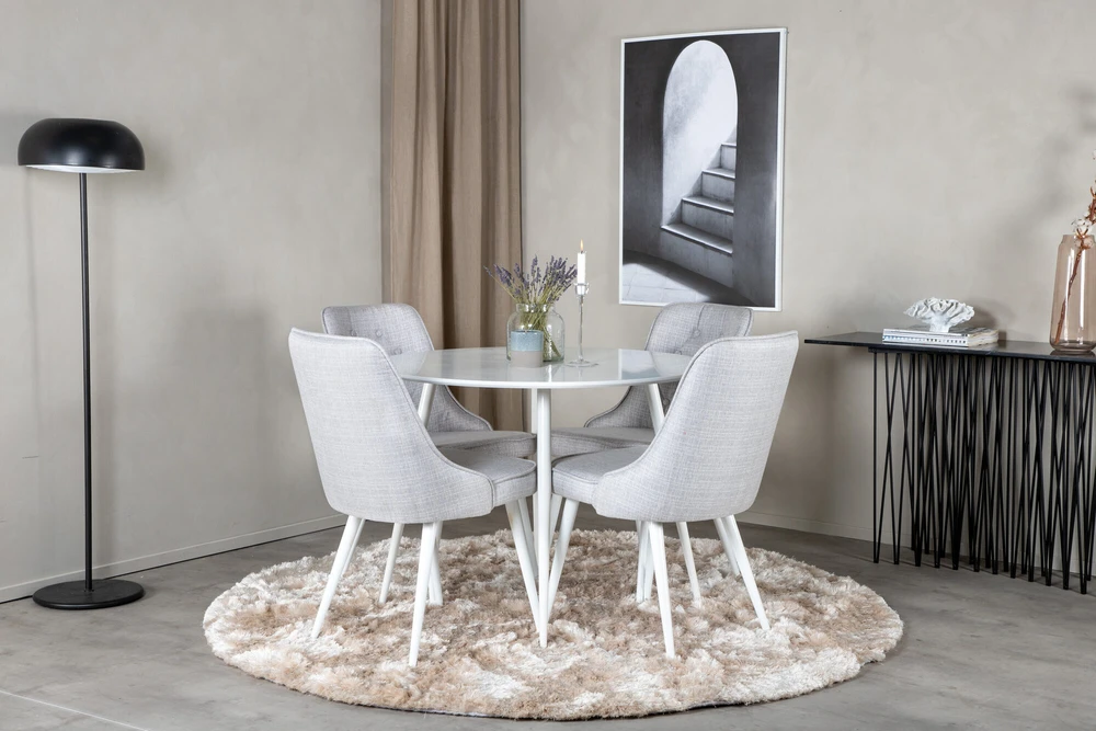 Venture Design Valgomojo stalas, Plaza, 100 cm, Balta+Valgomojo kėdė, Velvet Deluxe, 66x88.5x50 cm, Šviesiai pilka