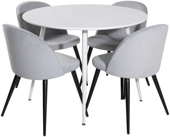 Venture Design Valgomojo stalas, Plaza, 100 cm, Balta+Valgomojo kėdė, Velvetas, 57x76.5x50 cm, Šviesiai pilka