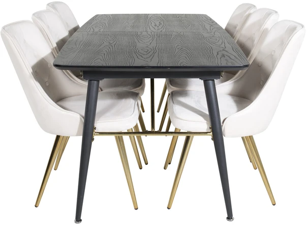 Venture Design Valgomojo stalas su kėdėmis, auksinis pratęsimas ir aksomo audinio prabanga, 180x85 cm ir 88.5x50 cm, bėžinis ir juodas