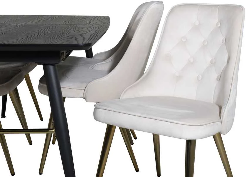 Venture Design Valgomojo stalas su kėdėmis, auksinis pratęsimas ir aksomo audinio prabanga, 180x85 cm ir 88.5x50 cm, bežinis ir juodas