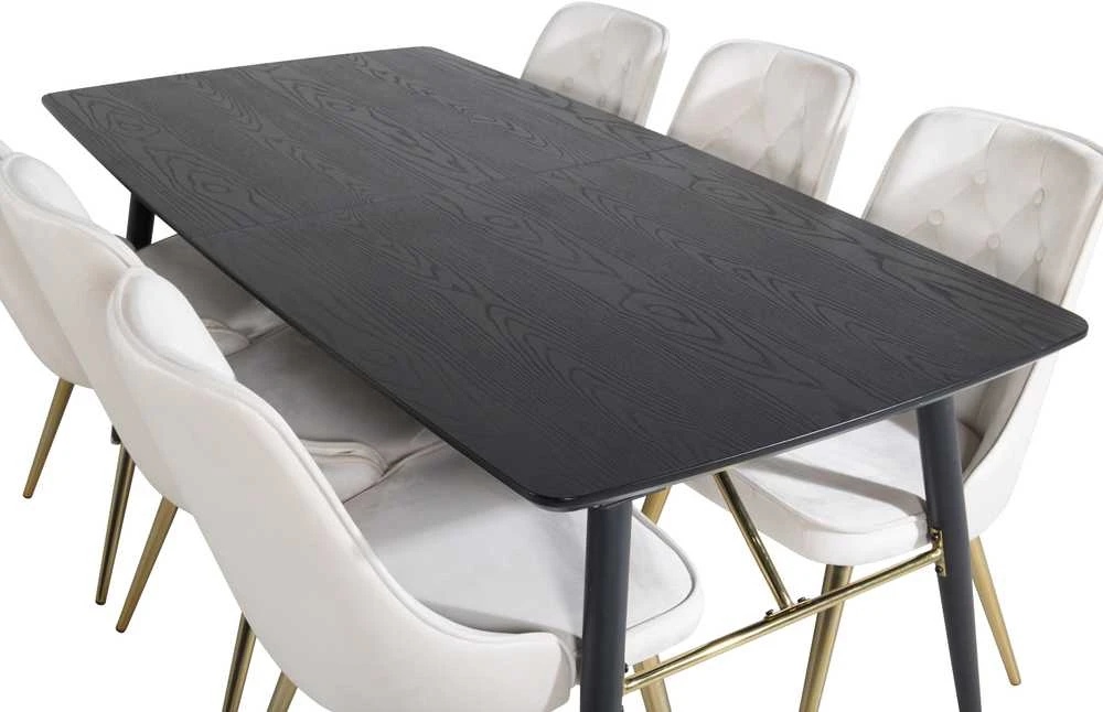 Venture Design Valgomojo stalas su kėdėmis, auksinis pratęsimas ir aksomo audinio prabanga, 180x85 cm ir 88.5x50 cm, bežinis ir juodas
