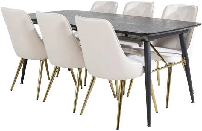 Venture Design Valgomojo stalas su kėdėmis, auksinis pratęsimas ir aksomo audinio prabanga, 180x85 cm ir 88.5x50 cm, bežinis ir juodas