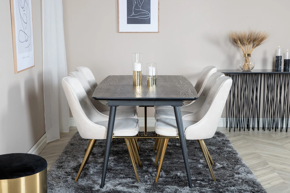 Venture Design Valgomojo stalas su kėdėmis, auksinis pratęsimas ir aksomo audinio prabanga, 180x85 cm ir 88.5x50 cm, bėžinis ir juodas