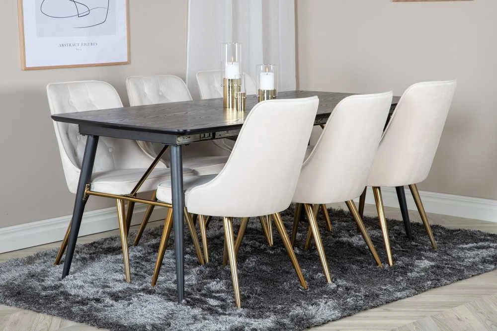 Venture Design Valgomojo stalas su kėdėmis, auksinis pratęsimas ir aksomo audinio prabanga, 180x85 cm ir 88.5x50 cm, bežinis ir juodas