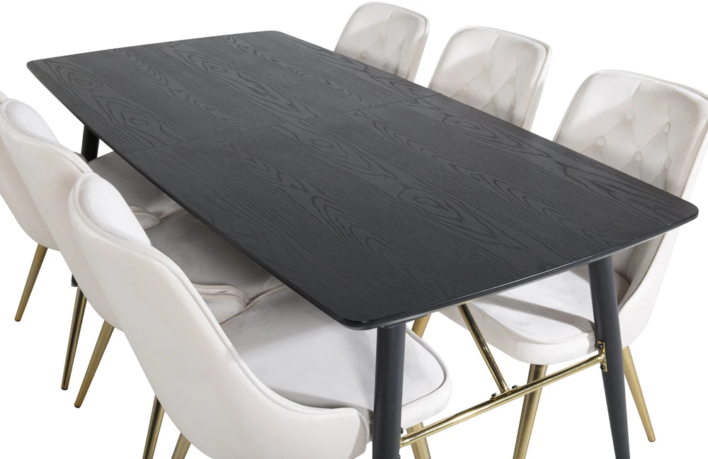 Venture Design Valgomojo stalas su kėdėmis, auksinis pratęsimas ir aksomo audinio prabanga, 180x85 cm ir 88.5x50 cm, bėžinis ir juodas