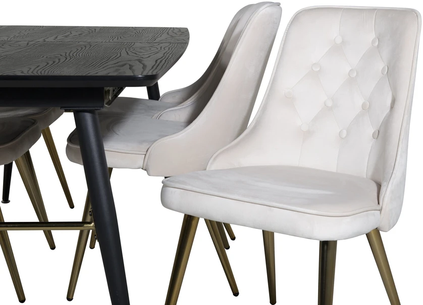 Venture Design Valgomojo stalas su kėdėmis, auksinis pratęsimas ir aksomo audinio prabanga, 180x85 cm ir 88.5x50 cm, bėžinis ir juodas