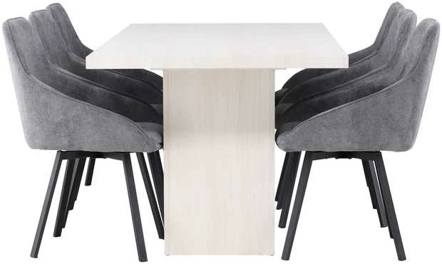 Venture Design Valgomojo stalo ir kėdžių komplektas Olga valgomojo stalas ir Rosie valgomojo kėdė 200x75 cm balta juoda tamsiai pilka audinys