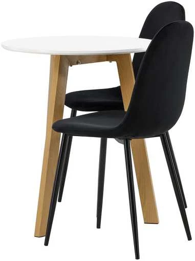 Venture Design Valgomojo stalo ir kėdžių komplektas Leonora valgomojo stalas ir Polar valgomojo kėdė 65 cm balta juoda ąžuolo imitacija aksomas