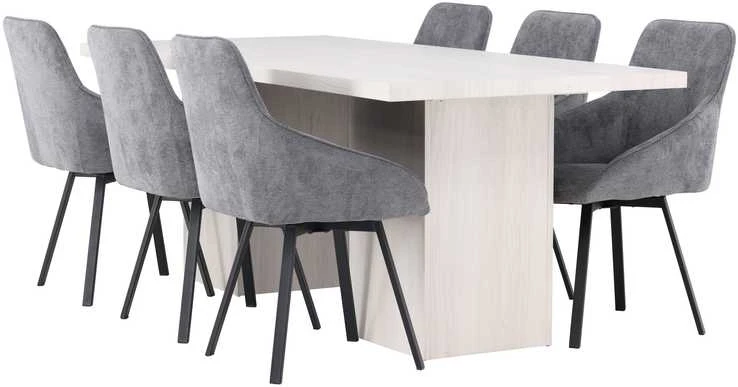 Venture Design Valgomojo stalo ir kėdžių komplektas Olga valgomojo stalas ir Rosie valgomojo kėdė 200x75 cm balta juoda tamsiai pilka audinys