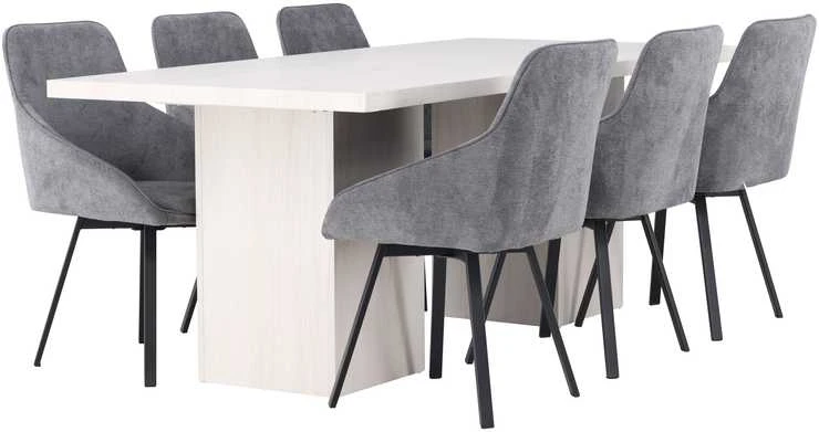 Venture Design Valgomojo stalo ir kėdžių komplektas Olga valgomojo stalas ir Rosie valgomojo kėdė 200x75 cm balta juoda tamsiai pilka audinys