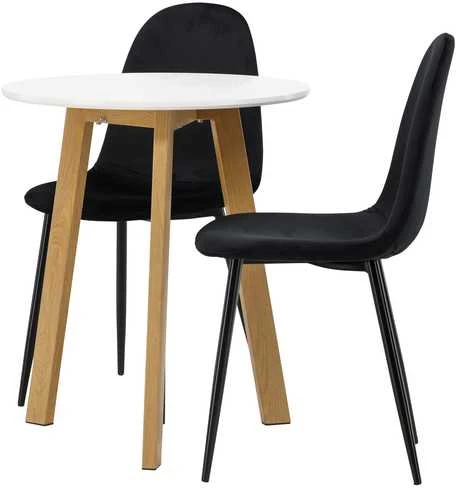 Venture Design Valgomojo stalo ir kėdžių komplektas Leonora valgomojo stalas ir Polar valgomojo kėdė 65 cm balta juoda ąžuolo imitacija aksomas