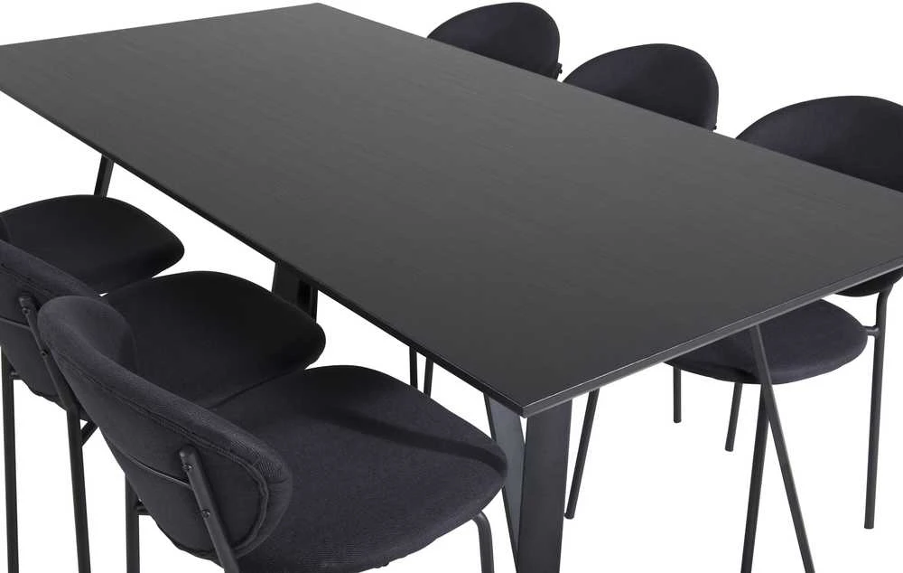 Venture Design Valgomojo stalo ir kėdžių komplektas Marina valgomojo stalas juodas stalviršis juodos kojos Vault valgomojo kėdė juodos kojos juoda medžiaga juoda