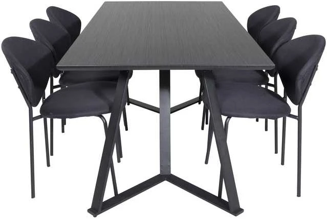 Venture Design Valgomojo stalo ir kėdžių komplektas Marina valgomojo stalas juodas stalviršis juodos kojos Vault valgomojo kėdė juodos kojos juoda medžiaga juoda