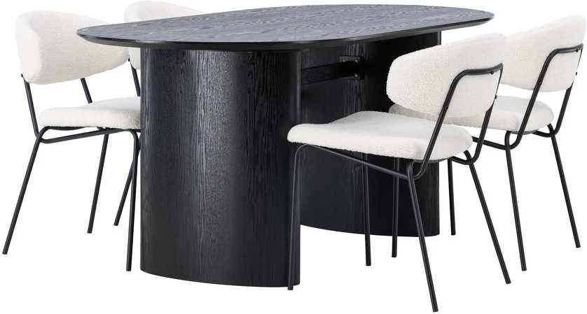Venture Design Valgomojo stalo ir kėdžių komplektas Isolde valgomojo stalas ir Chico valgomojo kėdė 180x75 cm juoda ir balta MDF ir boucle