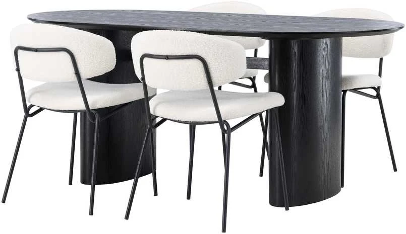 Venture Design Valgomojo stalo ir kėdžių komplektas Isolde valgomojo stalas ir Chico valgomojo kėdė 180x75 cm juoda ir balta MDF ir boucle