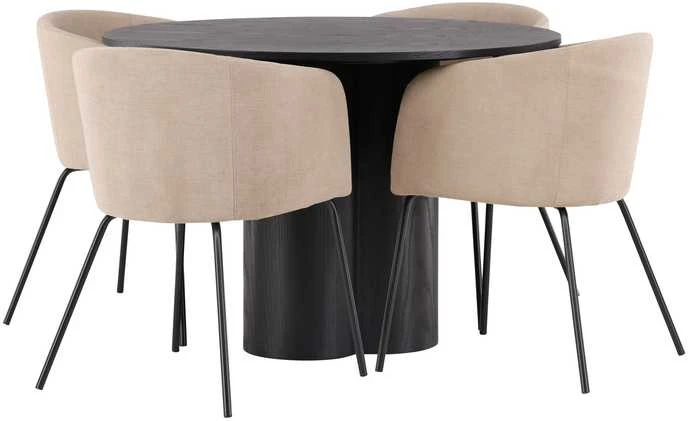 Venture Design Valgomojo stalo ir kėdžių komplektas Olivia valgomojo stalas ir Berit kėdė 110 cm juoda smėlio spalvos audinys