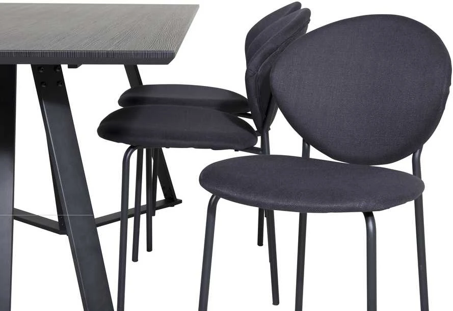Venture Design Valgomojo stalo ir kėdžių komplektas Marina valgomojo stalas juodas stalviršis juodos kojos Vault valgomojo kėdė juodos kojos juoda medžiaga juoda