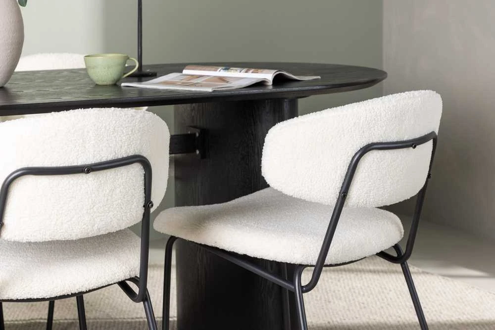 Venture Design Valgomojo stalo ir kėdžių komplektas Isolde valgomojo stalas ir Chico valgomojo kėdė 180x75 cm juoda ir balta MDF ir boucle