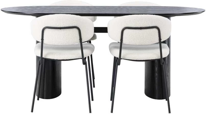Venture Design Valgomojo stalo ir kėdžių komplektas Isolde valgomojo stalas ir Chico valgomojo kėdė 180x75 cm juoda ir balta MDF ir boucle