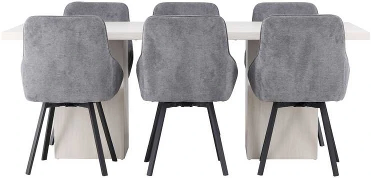 Venture Design Valgomojo stalo ir kėdžių komplektas Olga valgomojo stalas ir Rosie valgomojo kėdė 200x75 cm balta juoda tamsiai pilka audinys