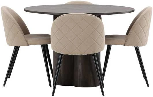 Venture Design Valgomojo stalo ir kėdžių komplektas Olivia, mocca ir smėlio spalvos audinys, MDF