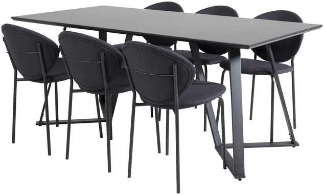 Venture Design Valgomojo stalo ir kėdžių komplektas Marina valgomojo stalas juodas stalviršis juodos kojos Vault valgomojo kėdė juodos kojos juoda medžiaga juoda