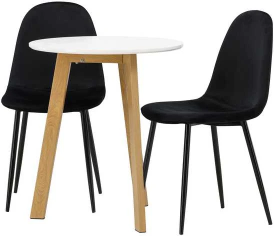 Venture Design Valgomojo stalo ir kėdžių komplektas Leonora valgomojo stalas ir Polar valgomojo kėdė 65 cm balta juoda ąžuolo imitacija aksomas