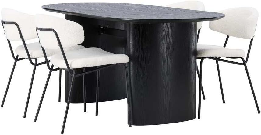 Venture Design Valgomojo stalo ir kėdžių komplektas Isolde valgomojo stalas ir Chico valgomojo kėdė 180x75 cm juoda ir balta MDF ir boucle