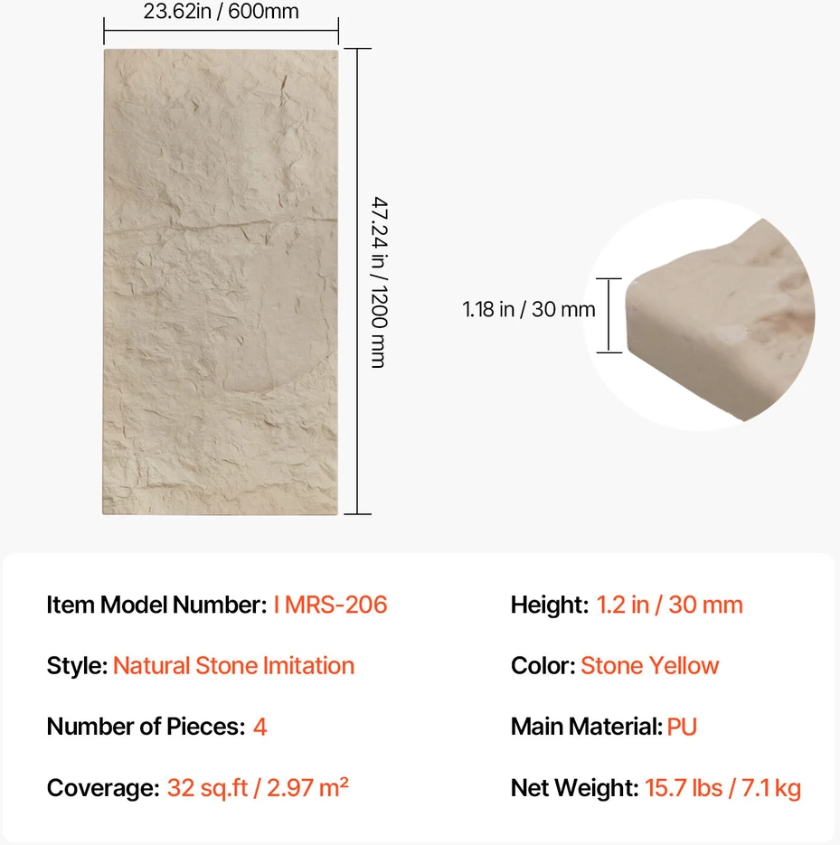 VEVOR 3D sienų plokštės 4 vnt 120x60 cm akmens imitacijos geltonos