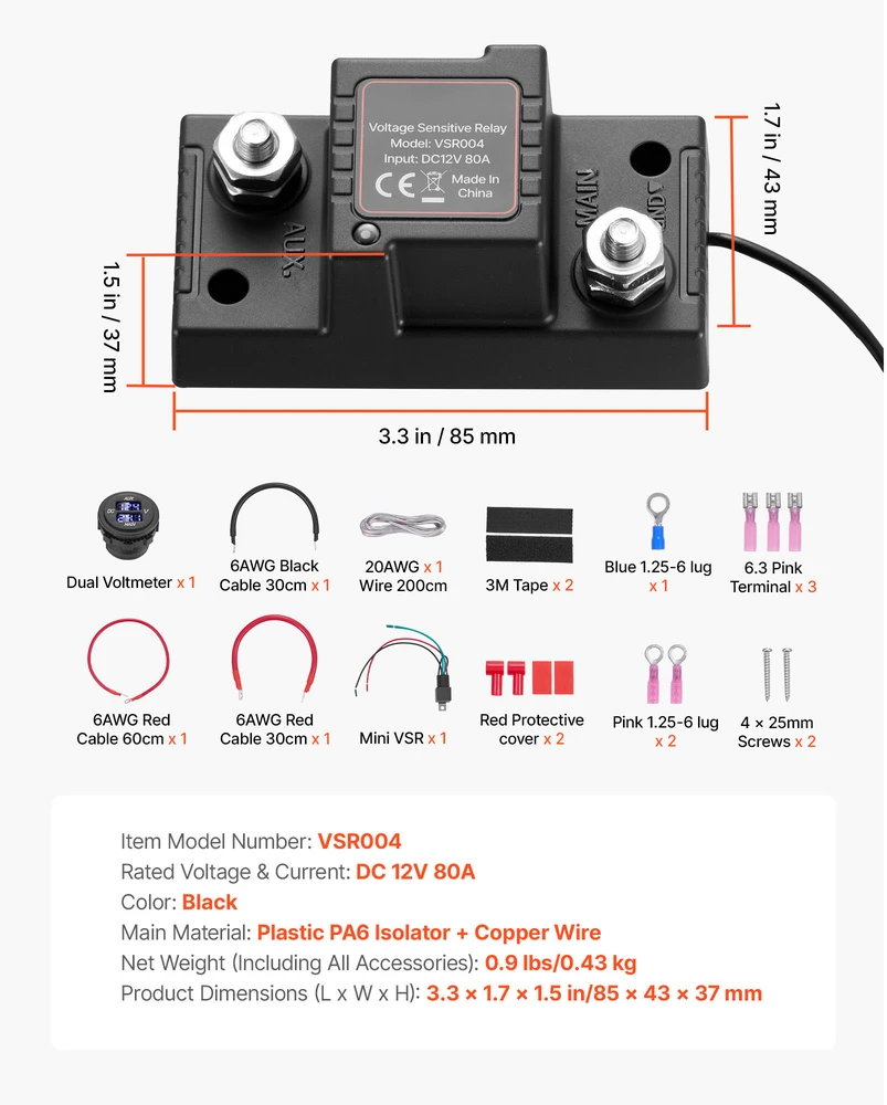 VEVOR Akumuliatoriaus izoliacijos rinkinys, 12V 80A su VSR rele