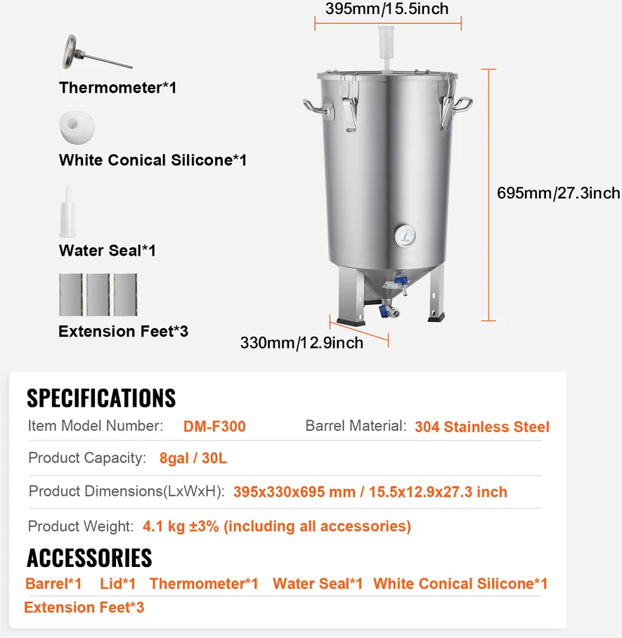 VEVOR Nerūdijančio plieno 30L alaus fermentatorius