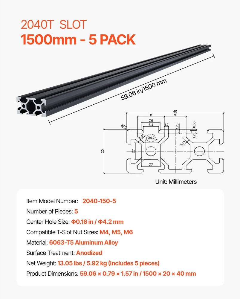 VEVOR 5 vnt. 1500 mm T tipo aliuminio bėgis