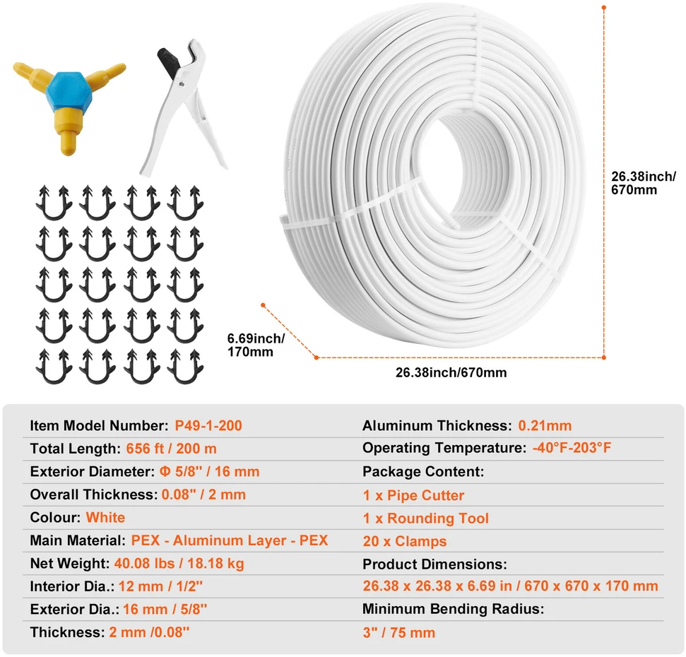 VEVOR Pex-al-pex vamzdis 200 m, 16 mm skersmens