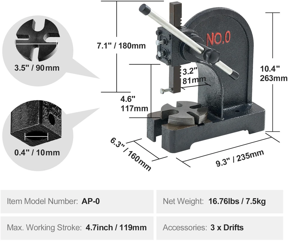 VEVOR Staklės spaudui formuoti, 0,5 tonos, 11,7 cm