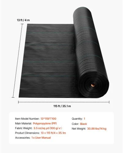 VEVOR Sodo geotekstilė nuo piktžolių 4x35.1m juoda