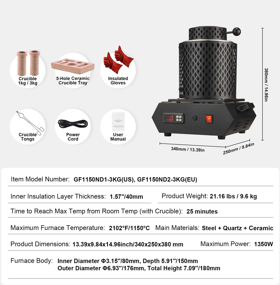VEVOR Auksinė lydymo krosnis 1350W 1150°C