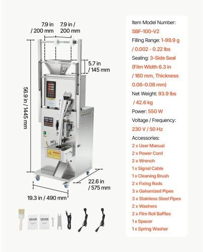 Automatinė birių produktų dozavimo ir pakavimo mašina VEVOR SBF-100-V2, 1–99,9 g