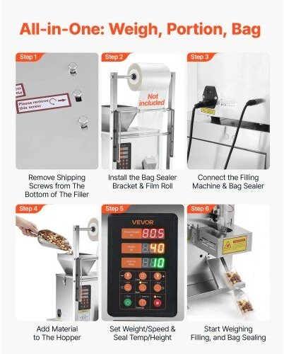 Automatinė birių produktų dozavimo ir pakavimo mašina VEVOR SBF-100-V2, 1–99,9 g