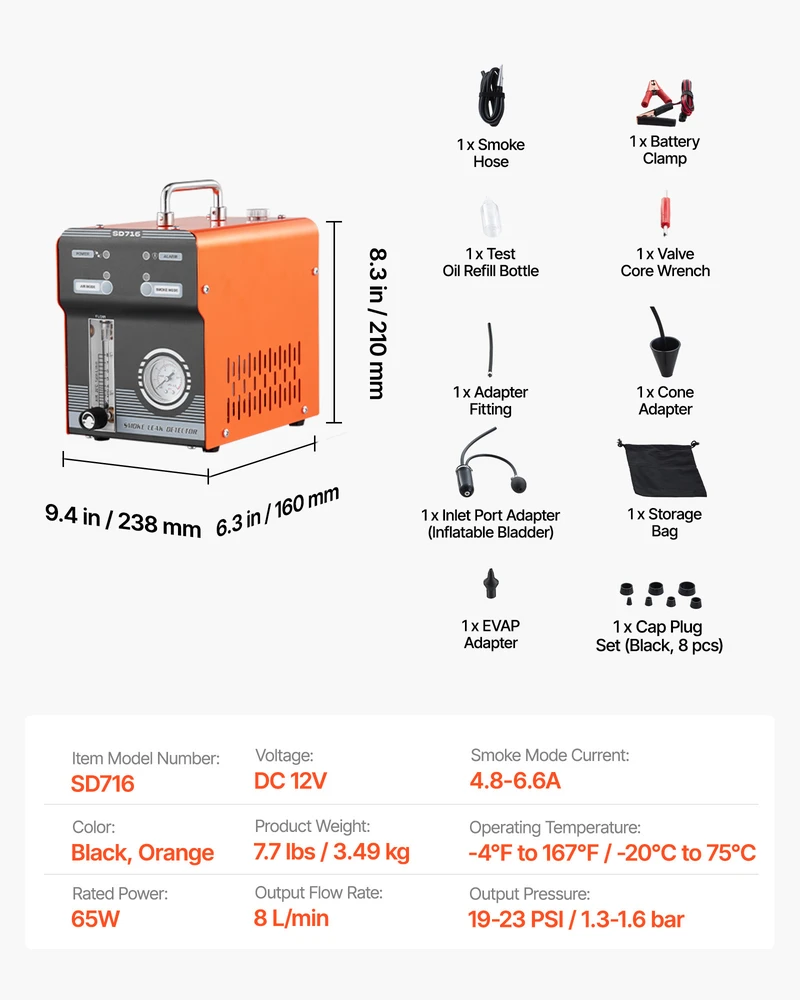 Vevor Automobilinis dūmų mašina nuotėkio detektorius 23.8x16x21 cm Juoda Oranžinė Plienas