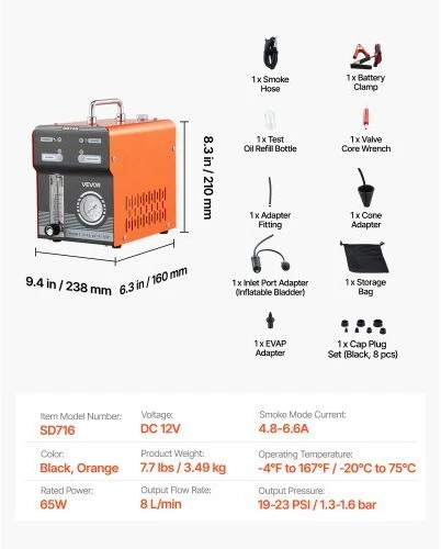 Vevor Automobilinis dūmų mašina nuotėkio detektorius 23.8x16x21 cm Juoda Oranžinė Plienas