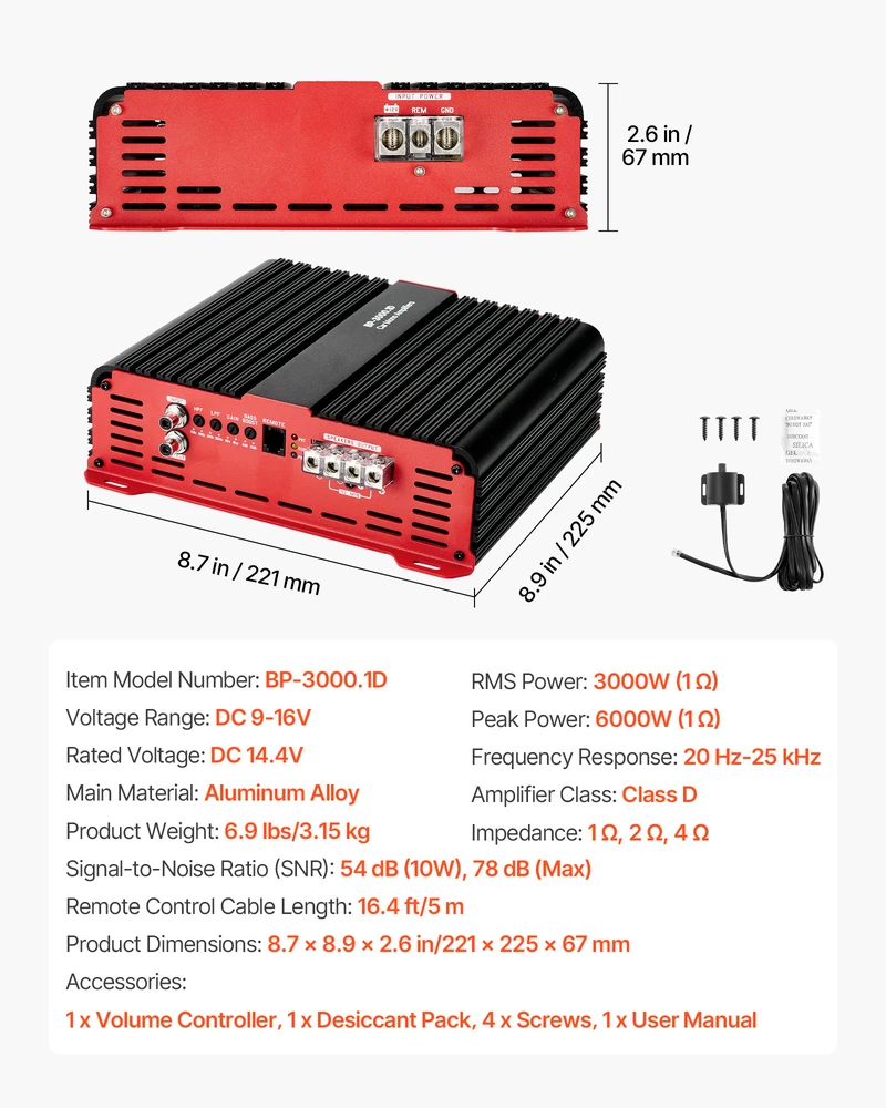 VEVOR Automobilinis monoblokinis stiprintuvas 3000W