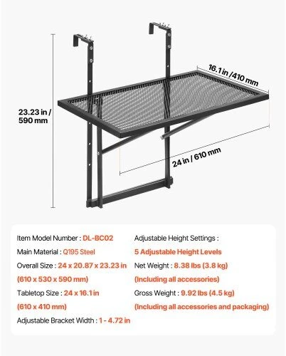 VEVOR Kabantysis balkono stalas metalinis 19 x 24 cm