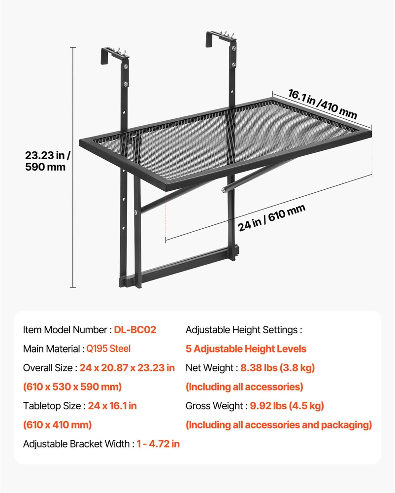 VEVOR Kabantysis balkono stalas metalinis 19 x 24 cm